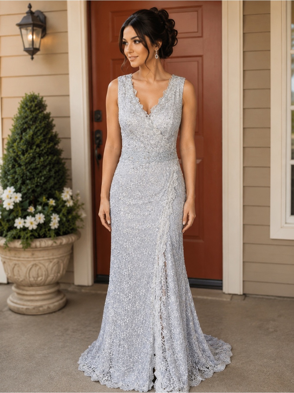 Pewter Lace V-Neck Evening Gown